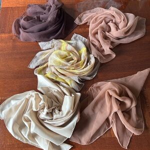 Chic Women's Scarf Collection - Cream, Brown, Yellow lot of five hand rolled